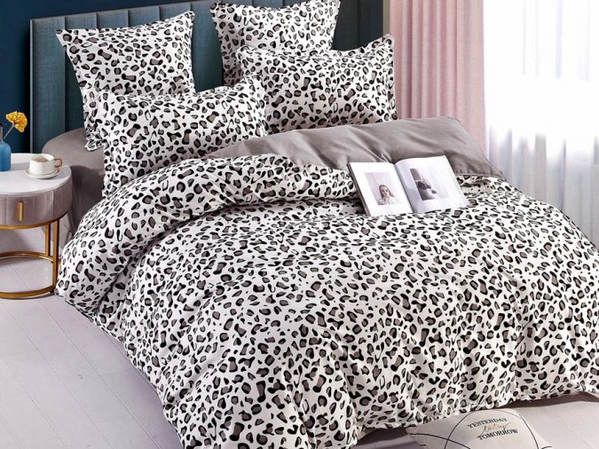 Lenjerie pat dublu, BUMBAC FINET, 6 piese, Jojo Home, Alb-Gri-Negru, animal print