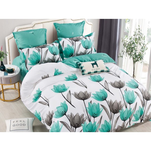 Lenjerie pat dublu,  FINET, 6 piese, Jojo Home, Alb-Verde Aqua, lalele [1]