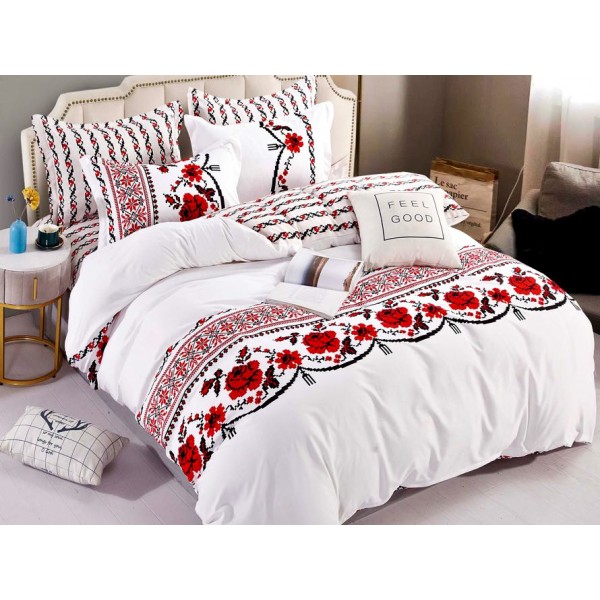 Lenjerie pat dublu,  FINET, 6 piese, Jojo Home, Alb-Rosu, model traditional [1]