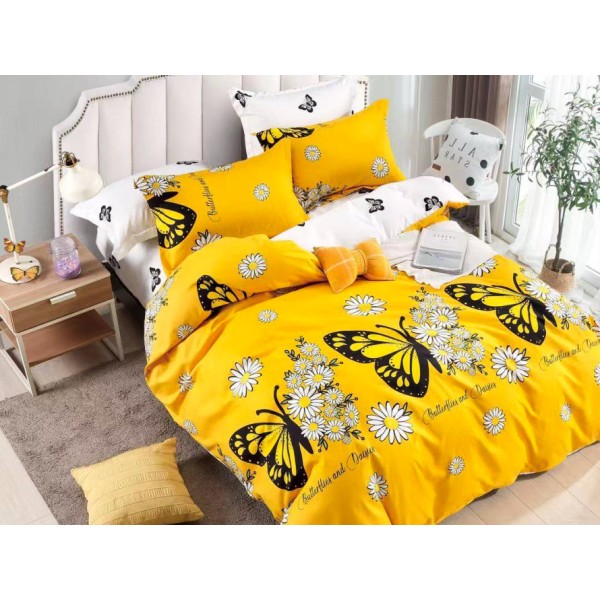 Lenjerie pat dublu,  FINET, 6 piese, Jojo Home, Galben-Negru, fluturi, flori [1]