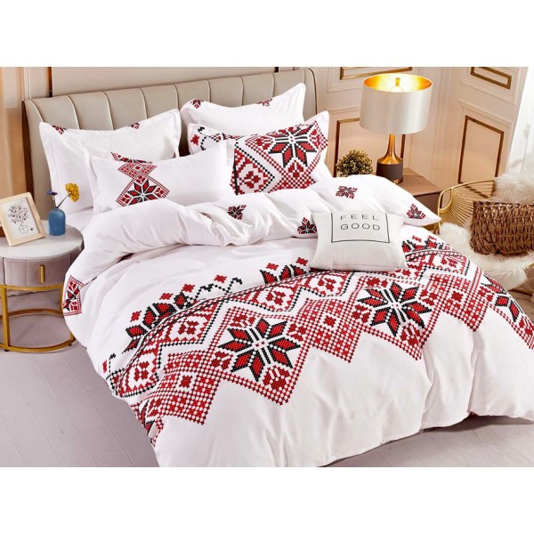 Lenjerie pat dublu,  FINET, 6 piese, Jojo Home, Alb-Rosu, model traditional [1]