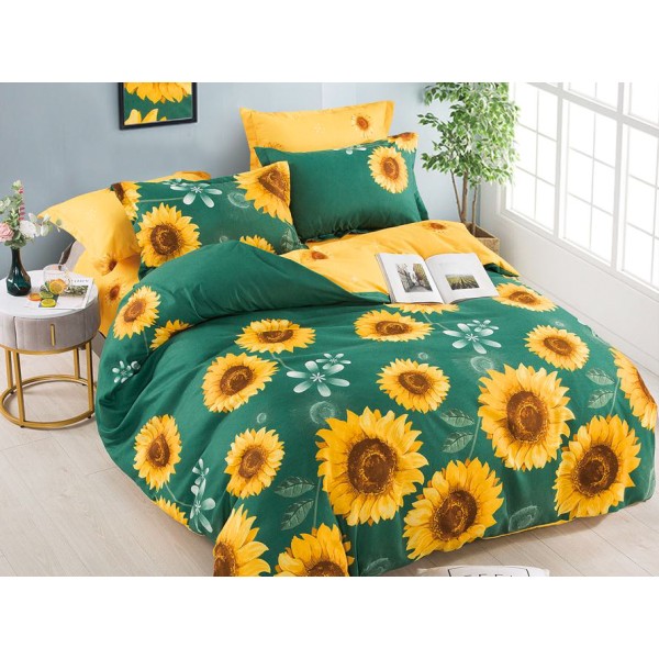 Lenjerie pat dublu,  FINET, 6 piese, Jojo Home, Verde-Galben, florea soarelui [1]