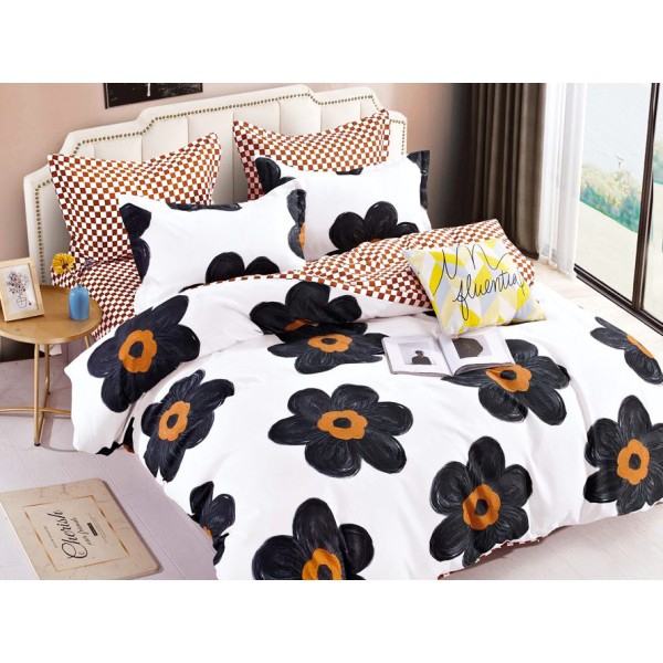 Lenjerie pat dublu,  FINET, 6 piese, Jojo Home, Alb-Negru, flori [1]