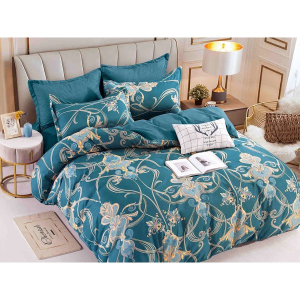 Lenjerie pat dublu,  FINET, 6 piese, cu ELASTIC, Jojo Home, Turquoise-Bej, model elegant [1]