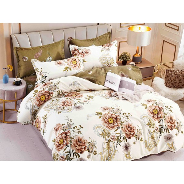 Lenjerie pat dublu,  FINET, 6 piese, Jojo Home, Crem-Multicolor, flori [1]