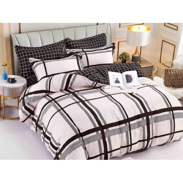 Lenjerie pat dublu,  FINET, 6 piese, Jojo Home, Crem-Negru, dungi [1]