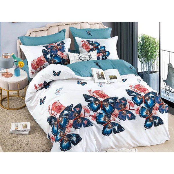 Lenjerie pat dublu,  FINET, 6 piese, Jojo Home, Alb-Multicolor, fluturi [1]