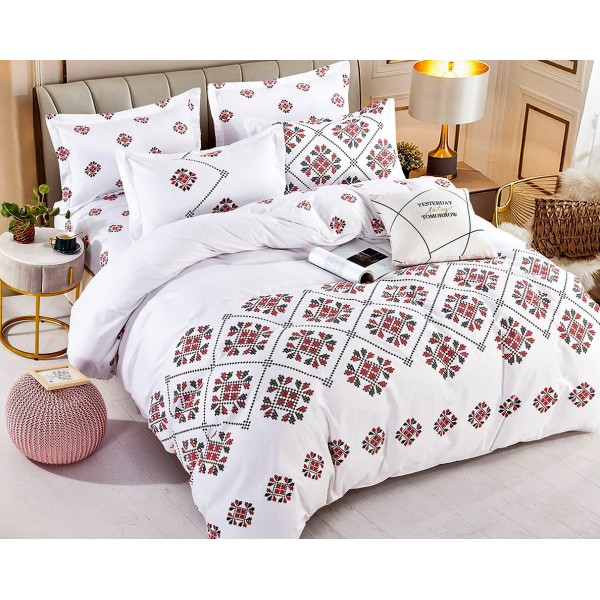Lenjerie pat dublu,  FINET, 6 piese, Jojo Home, Alb-Rosu, model traditional [1]