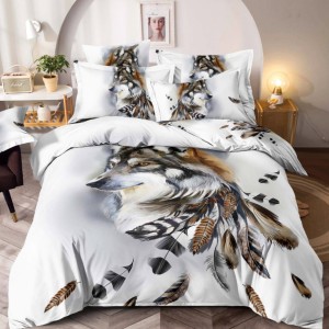 Lenjerie pat dublu,  FINET, Imprimeu Digital - Identic cu poza, 6 piese, Jojo Home, Alb-Multicolor, lup