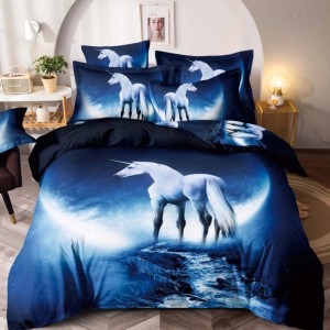 Lenjerie pat dublu,  FINET, Imprimeu Digital - Identic cu poza, 6 piese, Jojo Home, Bleumarin-Alb, unicorn