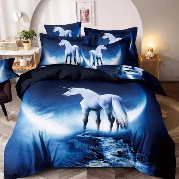 Lenjerie pat dublu,  FINET, Imprimeu Digital - Identic cu poza, 6 piese, Jojo Home, Bleumarin-Alb, unicorn [1]