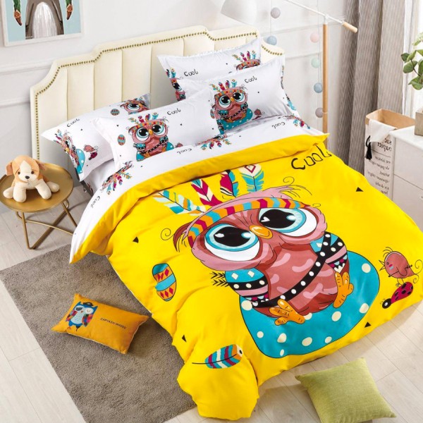 Lenjerie pat dublu,  FINET, Imprimeu Digital - Identic cu poza, 6 piese, Jojo Home, Galben-Multicolor, bufnite [1]