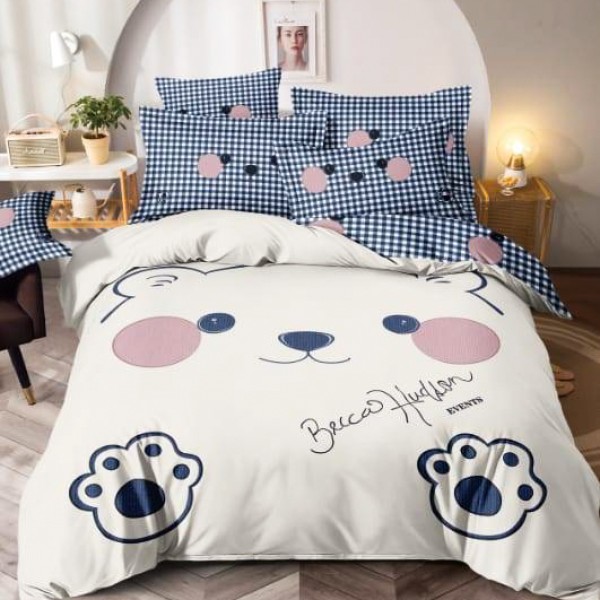 Lenjerie pat dublu,  FINET, Imprimeu Digital - Identic cu poza, 6 piese, Jojo Home, Crem-Bleu, ursulet [1]