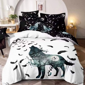 Lenjerie pat dublu,  FINET, Imprimeu Digital - Identic cu poza, 6 piese, Jojo Home, Alb-Bleumarin, lup, pene