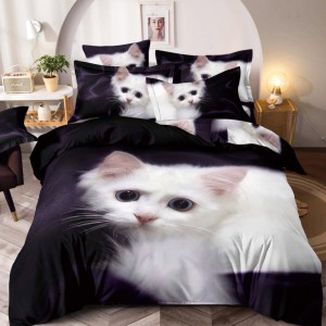 Lenjerie pat dublu, FINET, Imprimeu Digital - Identic cu poza, 6 piese, Jojo Home, Bleumarin-Alb, pisicuta Lenjerie pat dublu, FINET, Imprimeu Digital - Identic cu poza, 6 piese, Jojo Home, Bleumarin-Alb, pisicuta