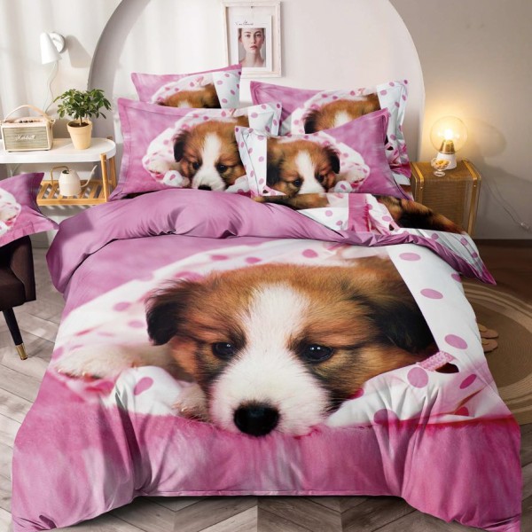 Lenjerie pat dublu,  FINET, Imprimeu Digital - Identic cu poza, 6 piese, Jojo Home, Roz-Multicolor, catel [1]