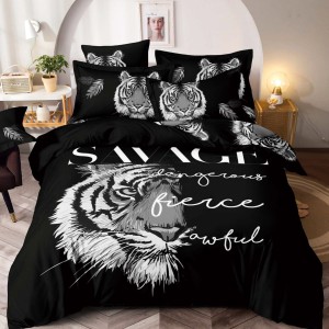 Lenjerie pat dublu,  FINET, Imprimeu Digital - Identic cu poza, 6 piese, Jojo Home, Negru-Gri, tigru