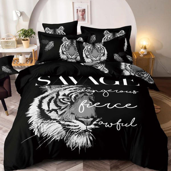 Lenjerie pat dublu,  FINET, Imprimeu Digital - Identic cu poza, 6 piese, Jojo Home, Negru-Gri, tigru [1]