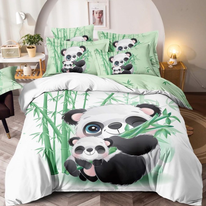 Poze Lenjerie pat dublu BUMBAC FINET Imprimeu Digital - Identic cu poza 6 piese Jojo Home Alb-Multicolor ursuleti panda cumparamisim.ro