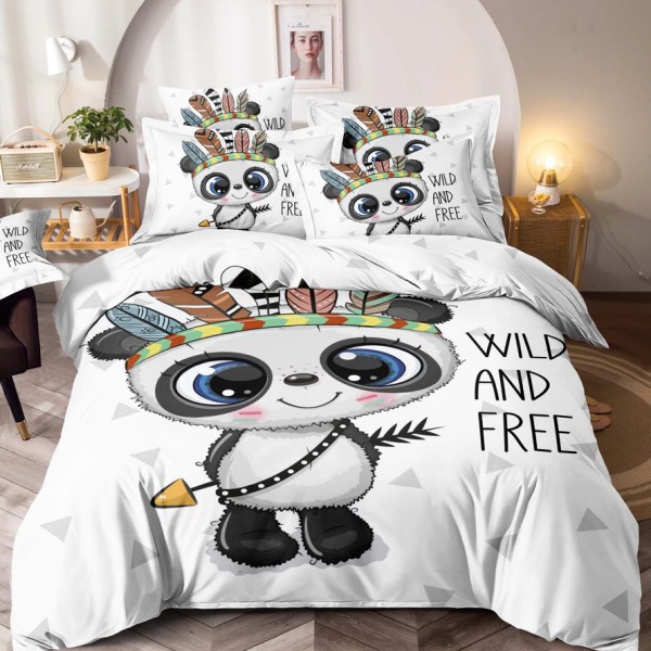 Lenjerie pat dublu,  FINET, Imprimeu Digital - Identic cu poza, 6 piese, Jojo Home, Alb-Multicolor, ursulet [1]