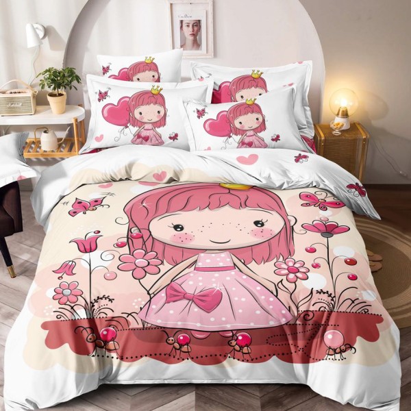 Lenjerie pat dublu,  FINET, Imprimeu Digital - Identic cu poza, 6 piese, Jojo Home, Alb-Multicolor, printesa, flori [1]