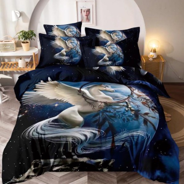 Lenjerie pat dublu,  FINET, Imprimeu Digital - Identic cu poza, 6 piese, Jojo Home, Negru-Multicolor, unicorn [1]