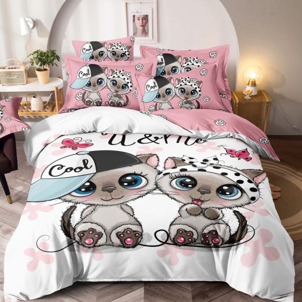 Lenjerie pat dublu,  FINET, Imprimeu Digital - Identic cu poza, 6 piese, Jojo Home, Alb-Multicolor, pisici [1]