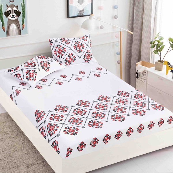Cearsaf cu elastic, Bumbac FINET, 160/180x200cm, 2 fete de perne 50x70cm, Jojo Home, Alb-Rosu, model traditional [1]
