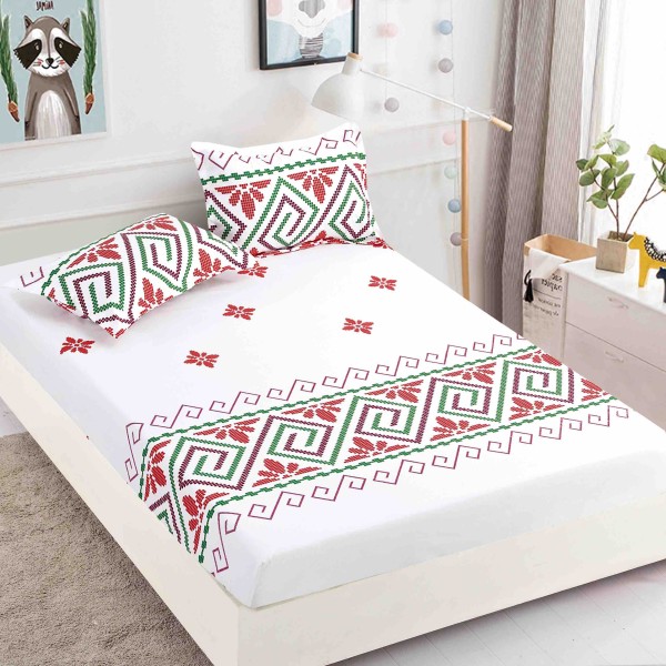 Cearsaf cu elastic, Bumbac FINET, 160/180x200cm, 2 fete de perne 50x70cm, Jojo Home, Alb-Rosu, model traditional [1]