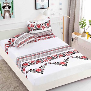 Cearsaf cu elastic, Bumbac FINET, 160/180x200cm, 2 fete de perne 50x70cm, Jojo Home, Alb-Rosu, model traditional