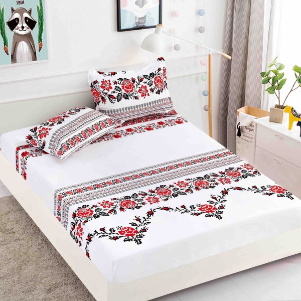 Cearsaf cu elastic, Bumbac FINET, 160/180x200cm, 2 fete de perne 50x70cm, Jojo Home, Alb-Rosu, model traditional [1]