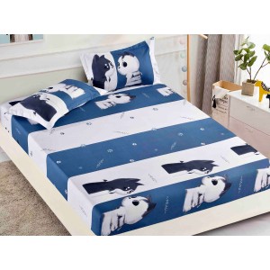 Cearsaf cu elastic, Bumbac FINET, 160/180x200cm, 2 fete de perne 50x70cm, Jojo Home, Alb-Bleumarin, pisicute