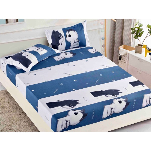 Cearsaf cu elastic, Bumbac FINET, 160/180x200cm, 2 fete de perne 50x70cm, Jojo Home, Alb-Bleumarin, pisicute [1]