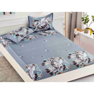 Cearsaf cu elastic, Bumbac FINET, 160/180x200cm, 2 fete de perne 50x70cm, Jojo Home, Gri-Multicolor, pene, lupi
