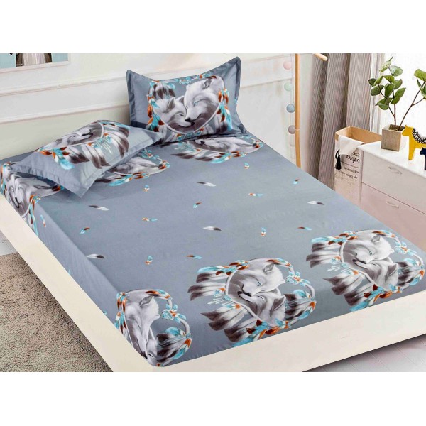Cearsaf cu elastic, Bumbac FINET, 160/180x200cm, 2 fete de perne 50x70cm, Jojo Home, Gri-Multicolor, pene, lupi [1]