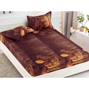 Cearsaf cu elastic, Bumbac FINET, 160/180x200cm, 2 fete de perne 50x70cm, Jojo Home, Maro, tigri