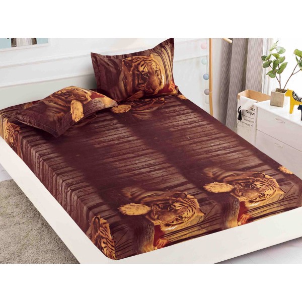 Cearsaf cu elastic, Bumbac FINET, 160/180x200cm, 2 fete de perne 50x70cm, Jojo Home, Maro, tigri [1]