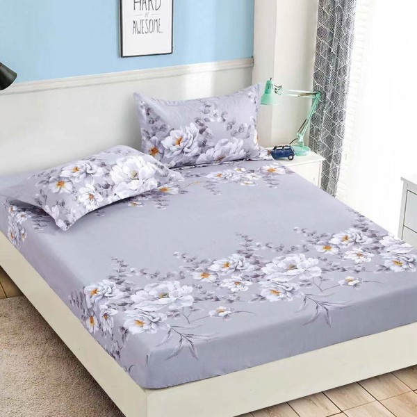 Cearsaf cu elastic, Bumbac FINET, 160/180x200cm, 2 fete de perne 50x70cm, Jojo Home, Gri, flori [1]