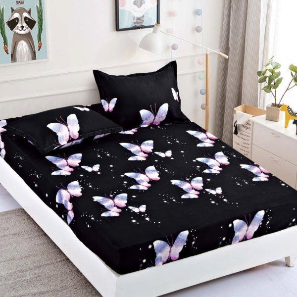 Cearsaf cu elastic, Bumbac FINET, 160/180x200cm, 2 fete de perne 50x70cm, Jojo Home, Negru-Mov, fluturi [1]
