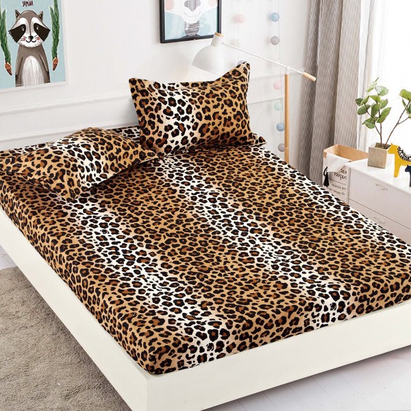 Cearsaf cu elastic, Bumbac FINET, 160/180x200cm, 2 fete de perne 50x70cm, Jojo Home, Maro-Multicolor, animal print [1]