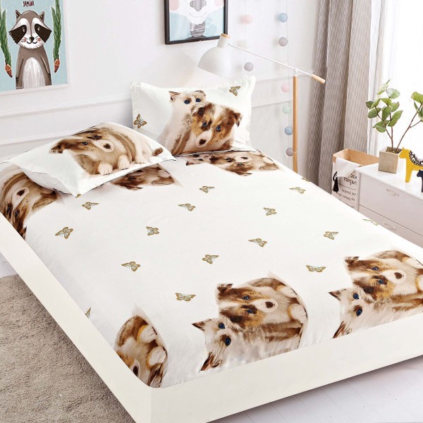 Cearsaf cu elastic, Bumbac FINET, 160/180x200cm, 2 fete de perne 50x70cm, Jojo Home, Crem-Maro, pisicute, cățeluși si fluturi [1]