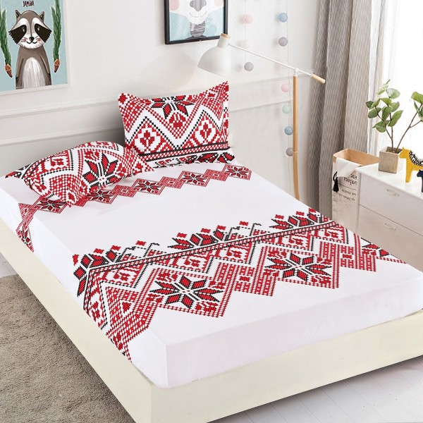 Cearsaf cu elastic, Bumbac FINET, 160/180x200cm, 2 fete de perne 50x70cm, Jojo Home, Alb-Rosu, model traditional [1]