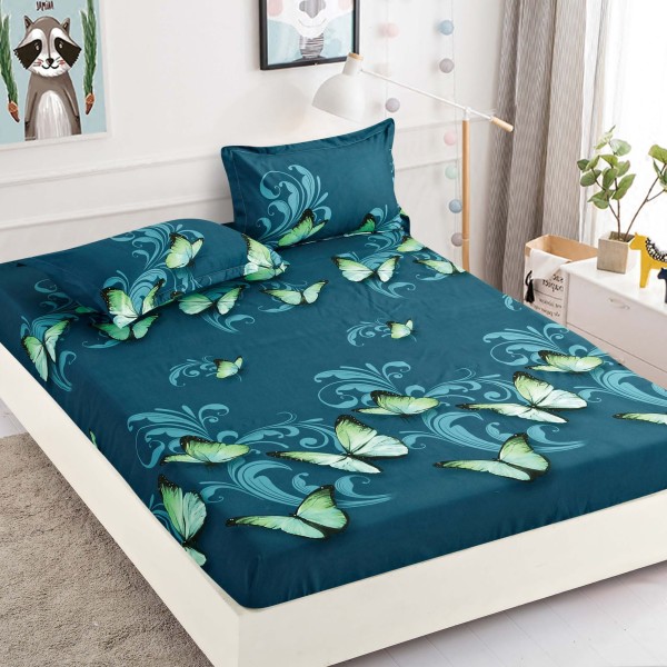 Cearsaf cu elastic, Bumbac FINET, 160/180x200cm, 2 fete de perne 50x70cm, Jojo Home, Verde, fluturi [1]