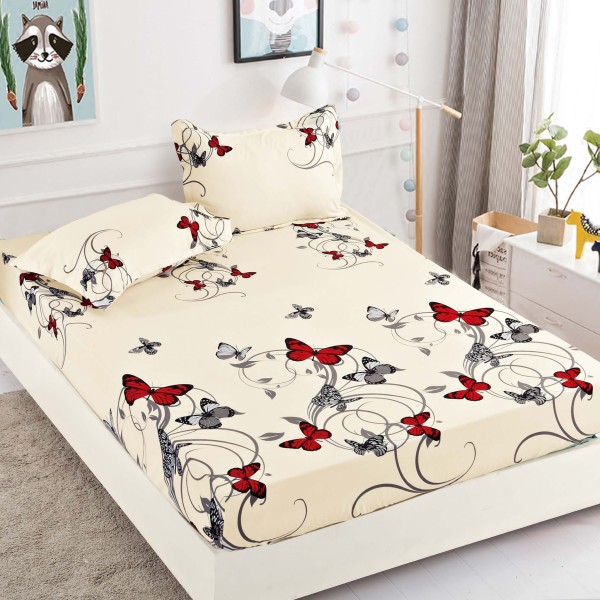 Cearsaf cu elastic, Bumbac FINET, 160/180x200cm, 2 fete de perne 50x70cm, Jojo Home, Crem, fluturi [1]