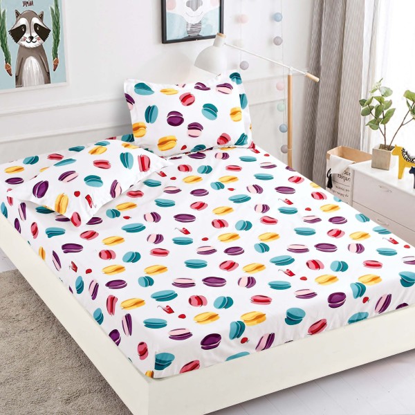 Cearsaf cu elastic, Bumbac FINET, 160/180x200cm, 2 fete de perne 50x70cm, Jojo Home, Alb-Multicolor, macarons [1]