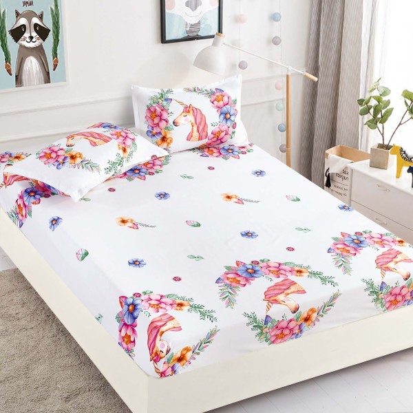 Cearsaf cu elastic, Bumbac FINET, 160/180x200cm, 2 fete de perne 50x70cm, Jojo Home, Alb-Multicolor, unicorni [1]