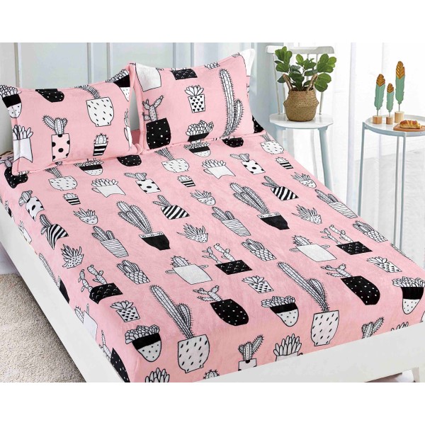 Cearsaf cu elastic COCOLINO, 180x200x25cm, 2 fete de perne, Jojo Home, Roz-Negru, cactusi [1]