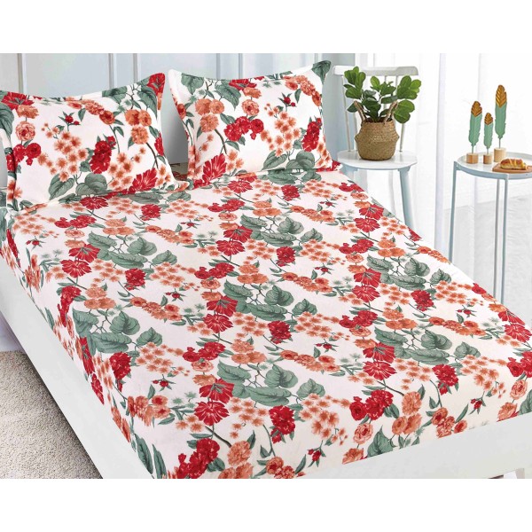 Cearsaf cu elastic COCOLINO, 180x200x25cm, 2 fete de perne, Jojo Home, Alb-Rosu, flori [1]