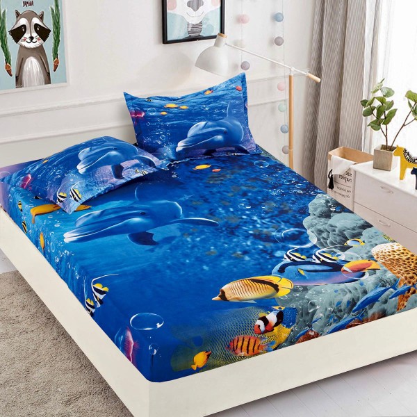 Cearsaf cu elastic, Bumbac FINET, 160x200cm, 2 fete de perne 50x70cm, IMPRIMEU DIGITAL -IDENTIC CU POZA, Jojo Home, Albastru-Multicolor, pestisori [1]