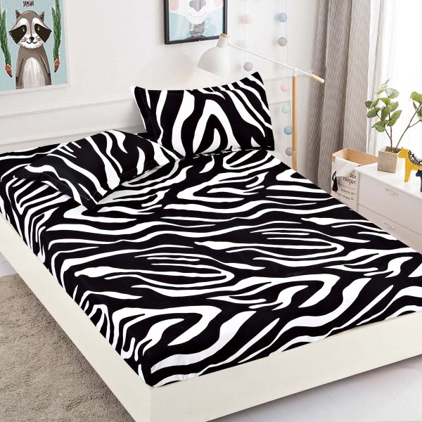 Cearsaf cu elastic, Bumbac FINET, 160/180x200cm, 2 fete de perne 50x70cm, Jojo Home, Alb-Negru, zebra [1]